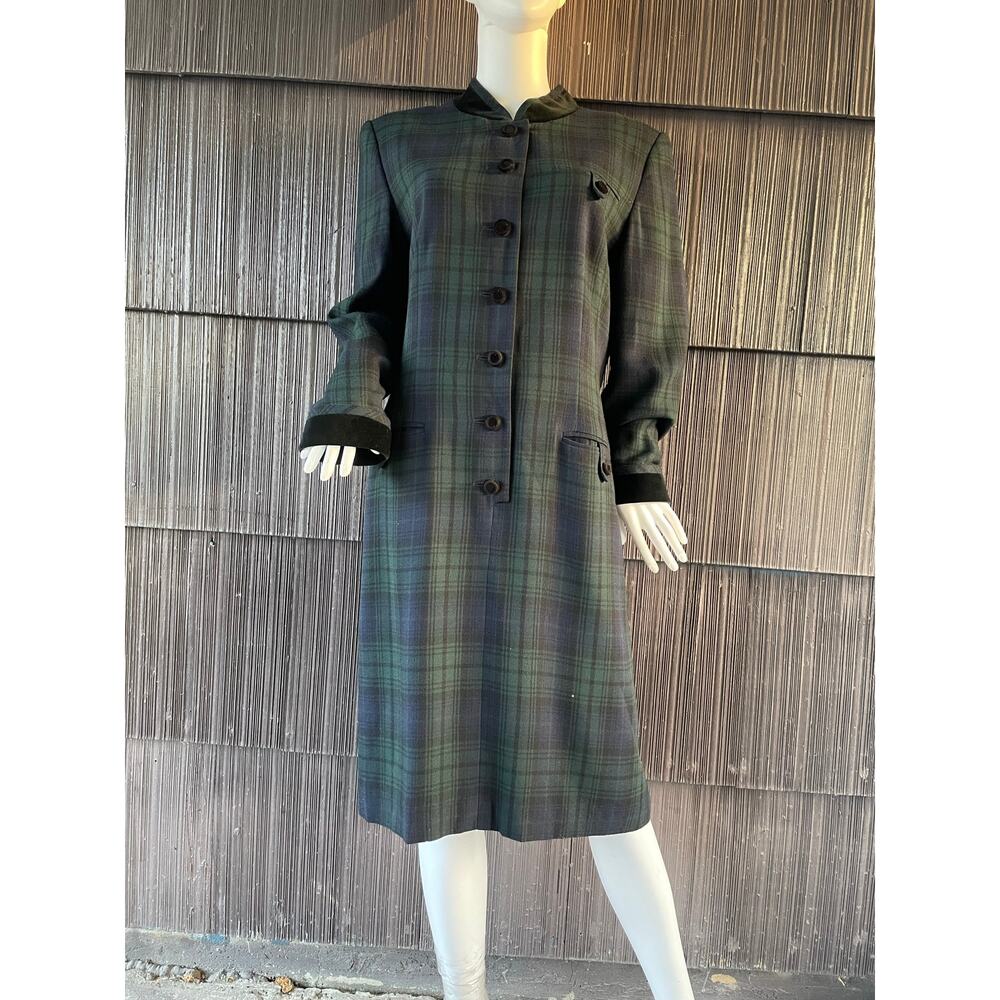 🔥 80s Kasper Plaid Green Tartan Blazer Dress Velvet Collar Cuff Classic Preppy